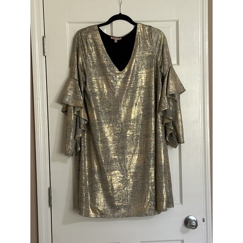 Gibson Latimer Large V Neck Gold Shimmer Flutter Long Sleeve Shift Dress Evening